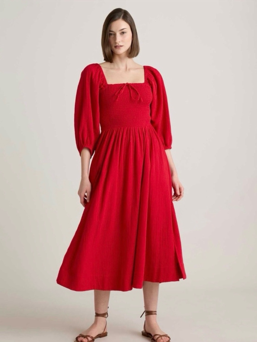 Quince 100% Organic Cotton Red Smocked Gauze Midi Dress with Puff Sleeves